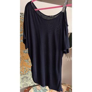 Ella Moss Sequin Embellished Cold Shoulder Dolman Ruched Asymmetrical Knit Top M